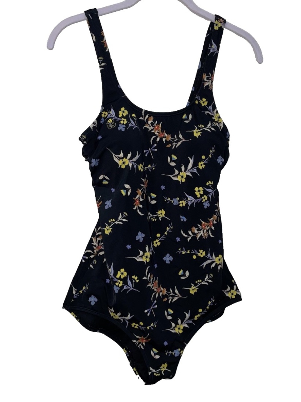 Delimira Ladies One Piece Swimsuit Size 12 Black Floral Boy Leg EUC